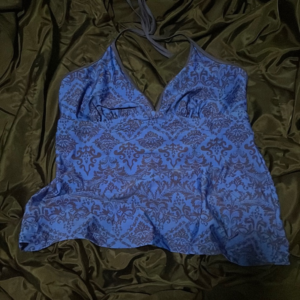 blue patterned bathing suit top